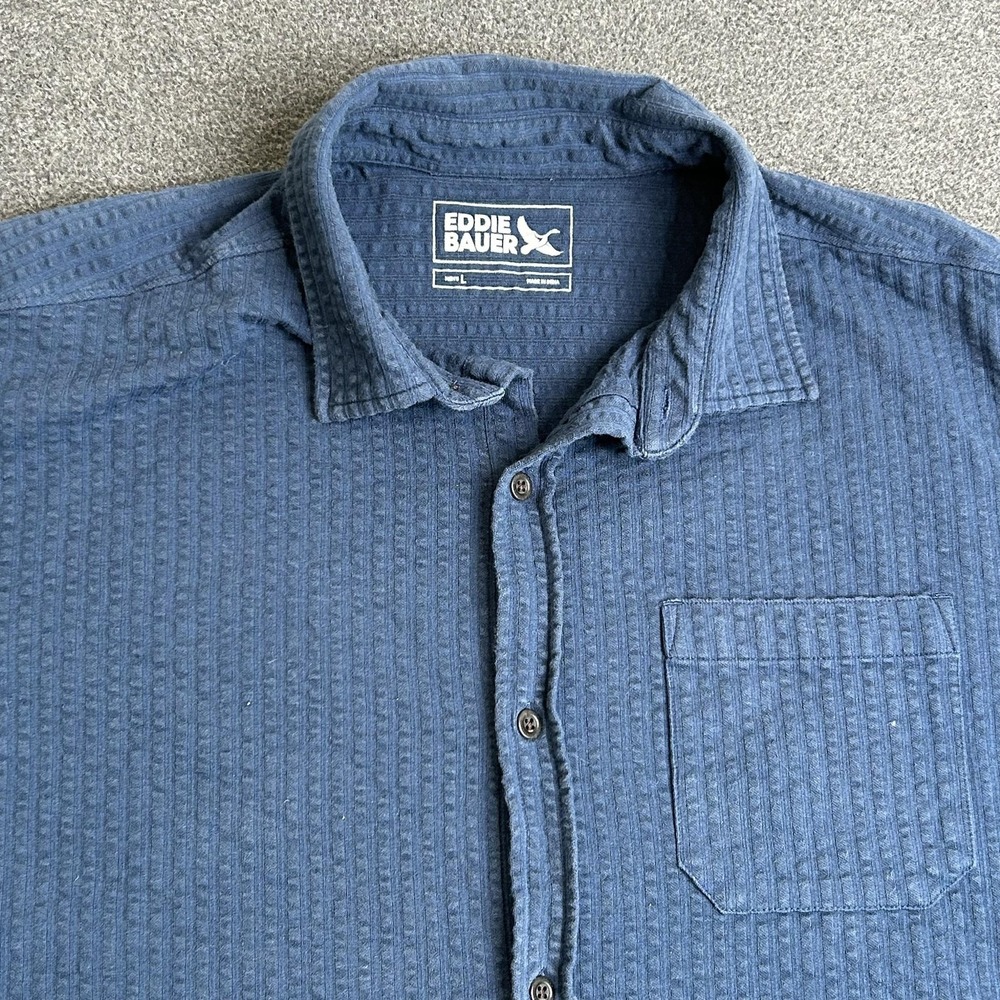 Eddie Bauer Shirt Mens Large Blue Solid Button Front Short Sleeve Casual